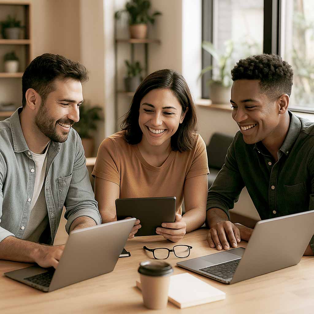 Três amigos brasileiros, dois homens e uma mulher, trabalhando juntos em um coworking moderno, usando notebooks e tablets, com luz natural e decoração contemporânea.