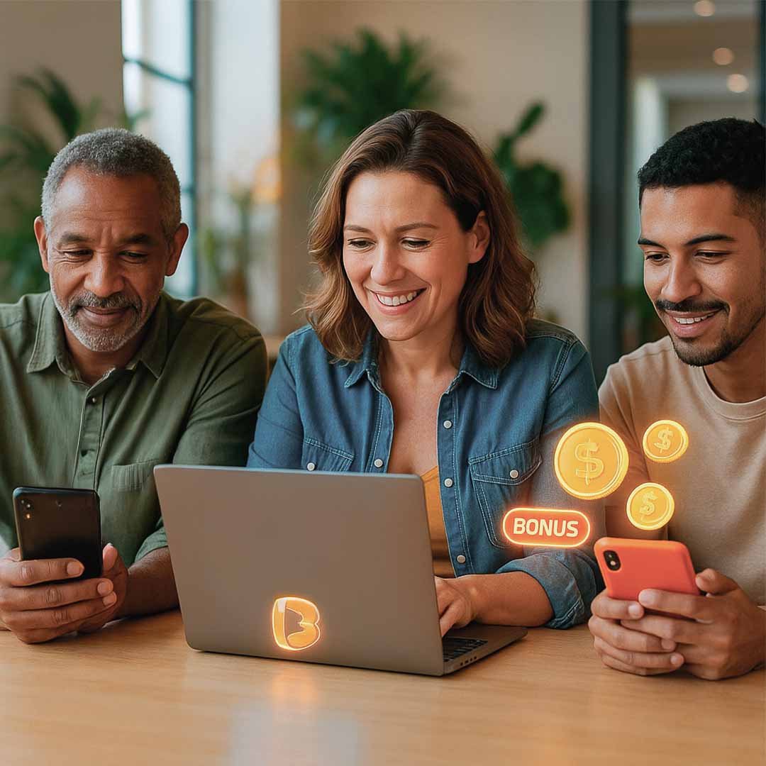 Três pessoas brasileiras de diferentes idades e etnias usam o Betano app em smartphones e notebook, em ambiente moderno com luz natural, mesas de madeira e plantas. Hologramas dourados de moedas, bônus e o logotipo da Betano flutuam ao redor, transmitindo tecnologia, sucesso e organização. Três pessoas brasileiras de diferentes idades e etnias usam o Betano app em smartphones e notebook, em ambiente moderno com luz natural, mesas de madeira e plantas. Hologramas dourados de moedas, bônus e o logotipo da Betano flutuam ao redor, transmitindo tecnologia, sucesso e organização.
