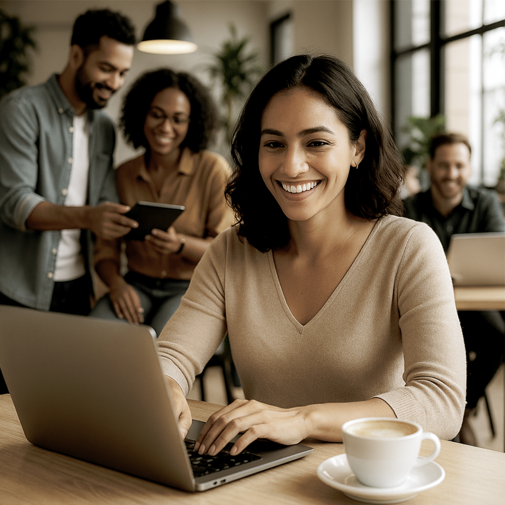 Mulher brasileira elegante e confiante trabalhando como freelancer em coworking moderno, digitando em notebook com café ao lado, cercada por profissionais colaborando.