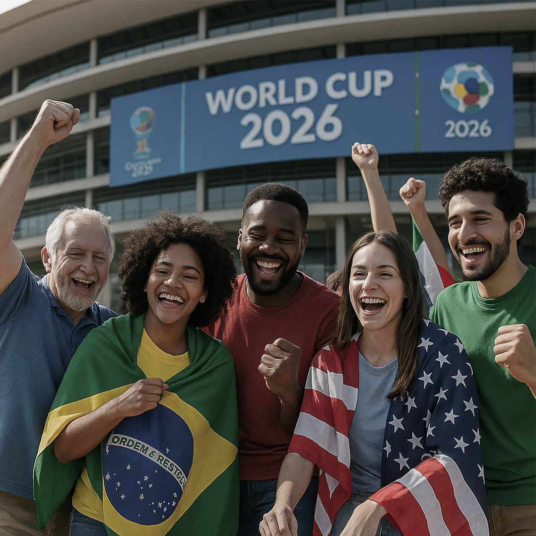 Torcedores de diferentes idades e etnias celebram em frente a estádio moderno com bandeiras da Copa do Mundo 2026, sorrindo e vibrando sob luz natural brilhante, transmitindo diversidade, alegria e união.