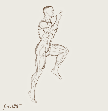 Ilustração realista mostrando homem realizando marcha estacionária com elevação de joelhos, destacando músculos abdominais, quadríceps e glúteos trabalhados.