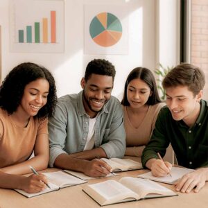 Imagem realista de estudantes brasileiros de diferentes idades e etnias estudando juntos em uma biblioteca moderna com iluminação natural, com gráficos coloridos ao fundo representando estatísticas do ENEM 2025.
