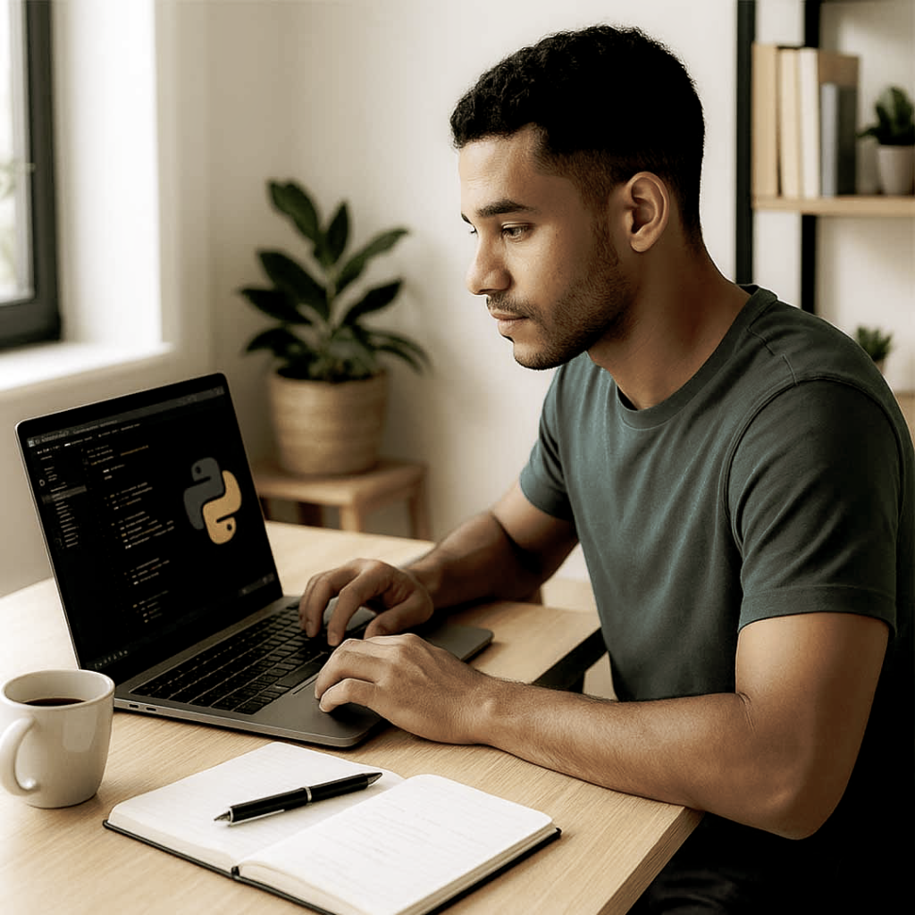 Programador freelancer brasileiro trabalhando em casa com código Python no notebook, em ambiente moderno e iluminado.