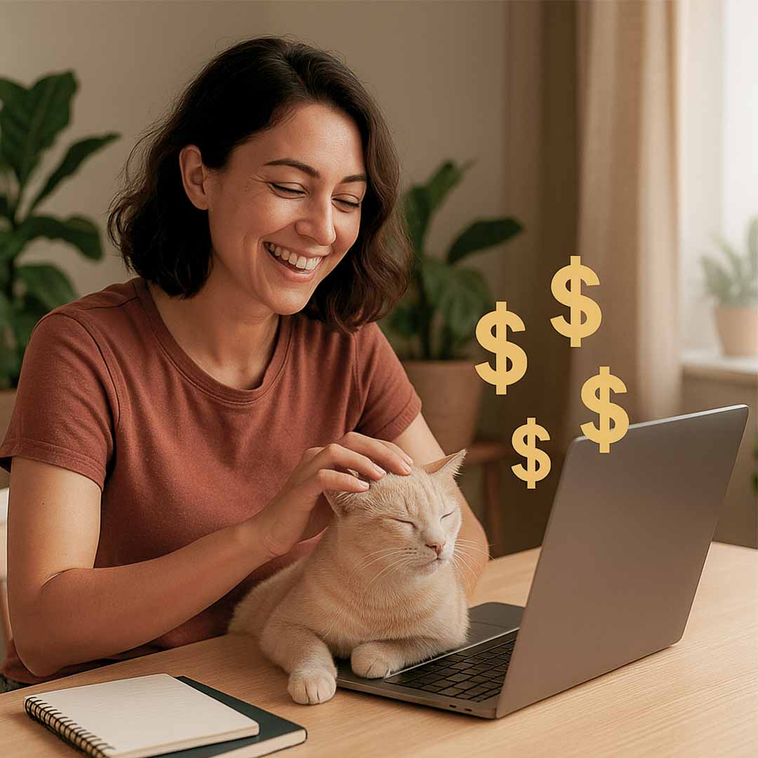 Mulher brasileira jovem adulta, de cerca de 30 anos, trabalhando em casa com notebook, acariciando seu gato sobre a mesa, enquanto símbolos de dinheiro surgem da tela, representando trabalho online lucrativo e prazeroso. Mulher brasileira jovem adulta, de cerca de 30 anos, trabalhando em casa com notebook, acariciando seu gato sobre a mesa, enquanto símbolos de dinheiro surgem da tela, representando trabalho online lucrativo e prazeroso.