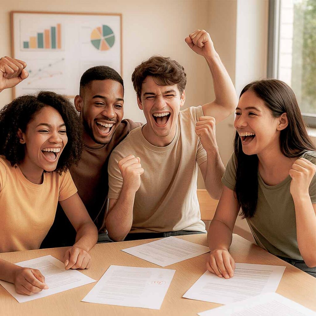 Imagem realista de estudantes brasileiros de diferentes etnias comemorando juntos em sala iluminada por luz natural, com redações corrigidas sobre a mesa, simbolizando diversidade e conquistas no ENEM.