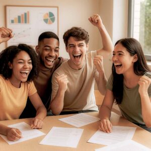 Imagem realista de estudantes brasileiros de diferentes etnias comemorando juntos em sala iluminada por luz natural, com redações corrigidas sobre a mesa, simbolizando diversidade e conquistas no ENEM.