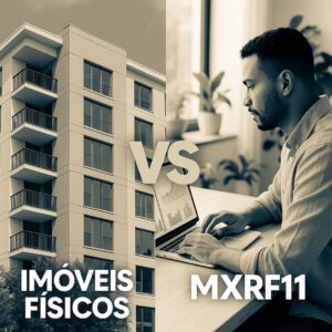 Imagem realista dividida em dois cenários: à esquerda, prédio residencial moderno representando imóveis físicos; à direita, investidor brasileiro analisando gráficos do MXRF11 em notebook, em ambiente iluminado por luz natural com mesa de madeira clara, plantas e detalhes sutis em verde e azul que simbolizam estabilidade e crescimento.
