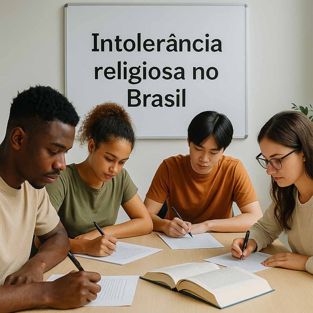 Imagem realista de estudantes brasileiros de diferentes idades e etnias em sala de estudos iluminada por luz natural, escrevendo redações com cadernos e canetas sobre a mesa. Ao fundo, um quadro branco exibe o tema de redação mais polêmico do ENEM, transmitindo concentração, diversidade e colaboração.