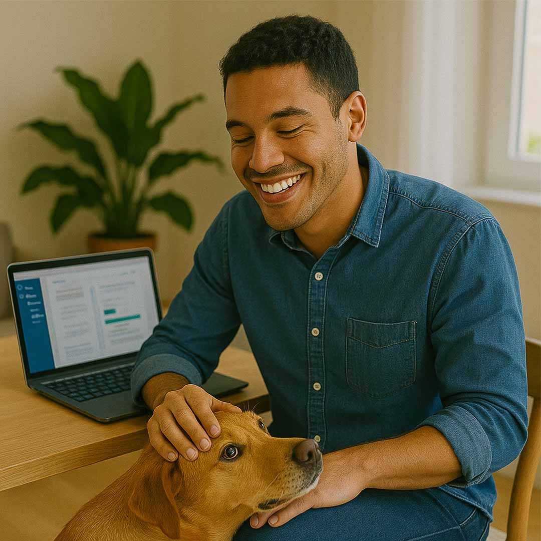 Jovem brasileiro em home office sorri satisfeito enquanto trabalha no notebook e afaga com uma mão seu cachorro caramelo, que apoia a cabeça em sua perna. Ambiente iluminado por luz natural transmite afeto e produtividade.