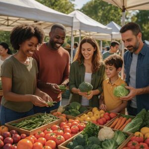Fotografia realista de brasileiros de diferentes idades e etnias em uma feira ao ar livre, escolhendo frutas, legumes e verduras frescas, iluminados por luz natural brilhante, transmitindo diversidade, consciência e entusiasmo com a alimentação saudável em 2026.