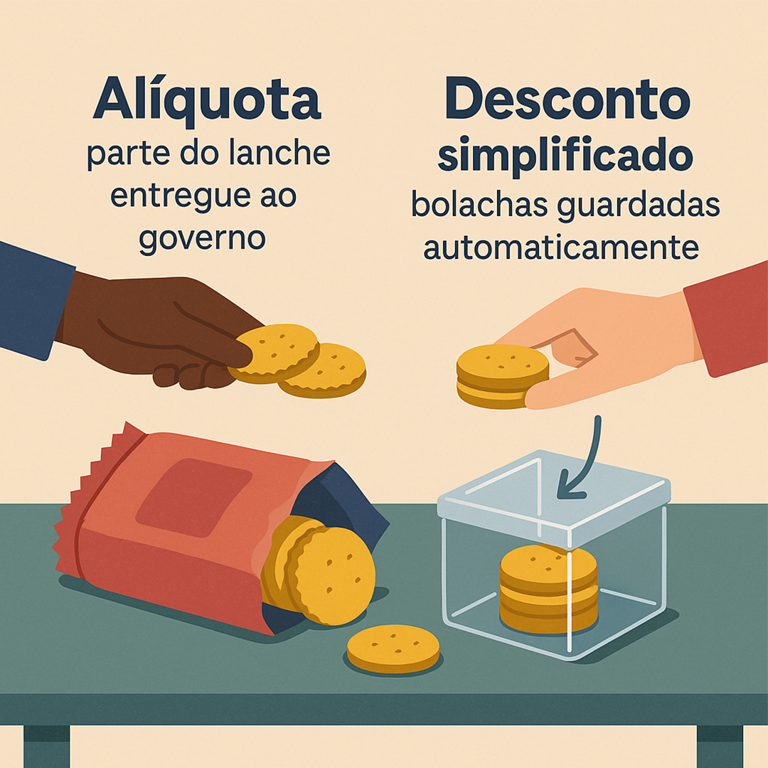 Ilustração didática em flat design mostra comparação entre alíquota, com mão entregando bolachas ao governo, e desconto simplificado, com bolachas sendo guardadas automaticamente em caixa transparente.