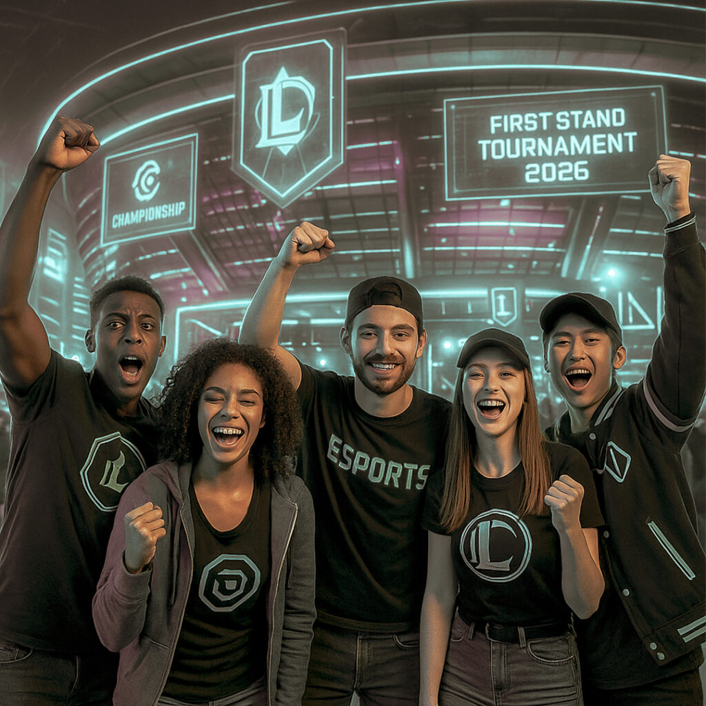 Jovens e jovens adultos de diferentes etnias celebram em frente a um estádio futurista iluminado por LEDs azuis e verdes com símbolos de League of Legends e hologramas do First Stand Tournament 2026 no Brasil, transmitindo paixão gamer e união.