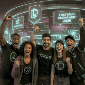 Jovens e jovens adultos de diferentes etnias celebram em frente a um estádio futurista iluminado por LEDs azuis e verdes com símbolos de League of Legends e hologramas do First Stand Tournament 2026 no Brasil, transmitindo paixão gamer e união.