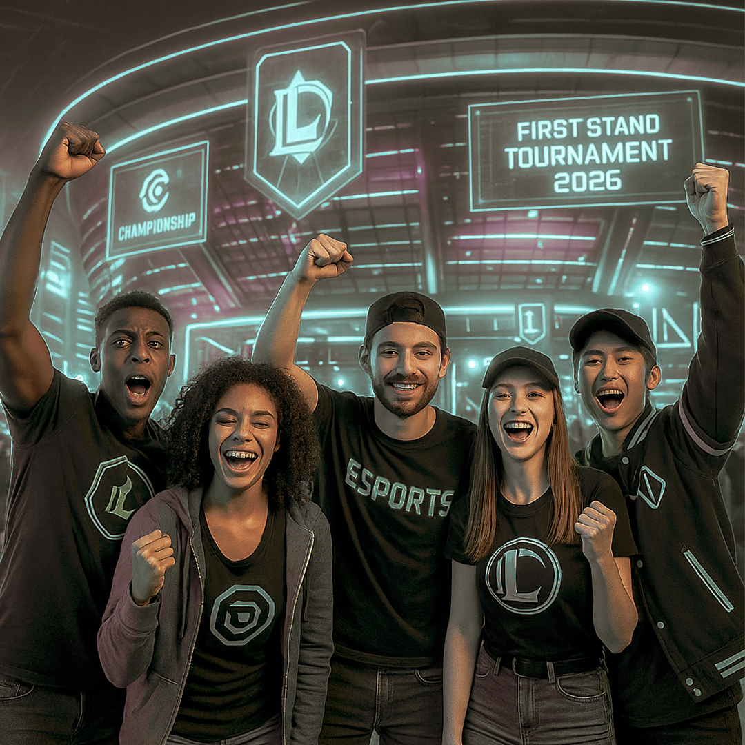 Jovens e jovens adultos de diferentes etnias celebram em frente a um estádio futurista iluminado por LEDs azuis e verdes com símbolos de League of Legends e hologramas do First Stand Tournament 2026 no Brasil, transmitindo paixão gamer e união.