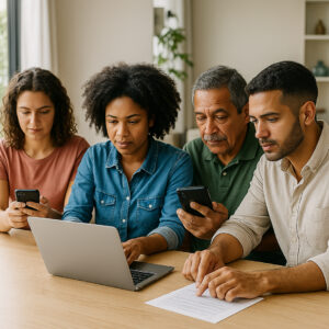 Brasileiros de diferentes idades e etnias usam notebooks e smartphones em ambiente moderno iluminado por luz natural, transmitindo diversidade, organização e praticidade no uso da Carteira de Trabalho Digital em 2026.