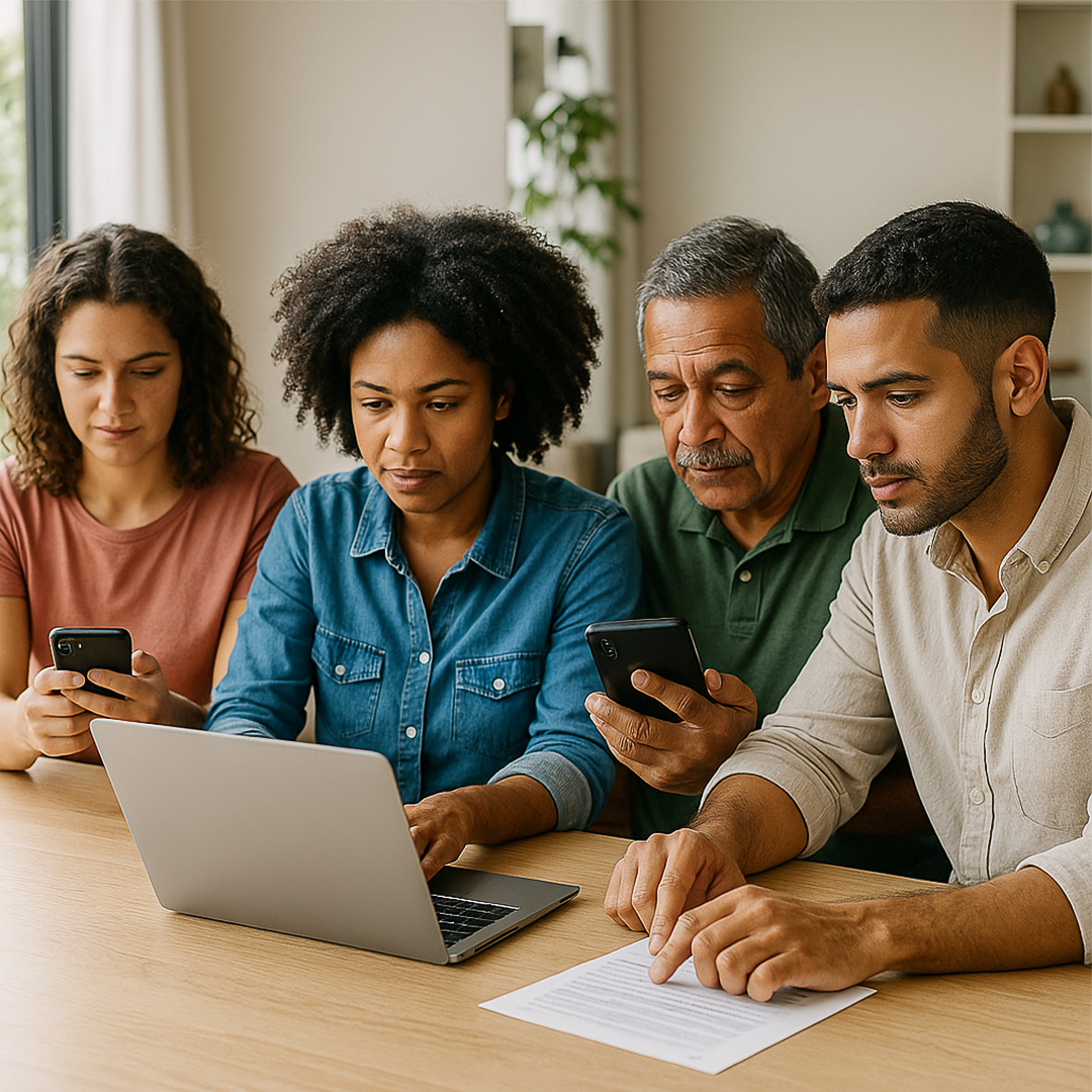Brasileiros de diferentes idades e etnias usam notebooks e smartphones em ambiente moderno iluminado por luz natural, transmitindo diversidade, organização e praticidade no uso da Carteira de Trabalho Digital em 2026.