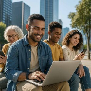 Brasileiros de diferentes idades e etnias usando notebooks e smartphones em ambiente urbano moderno, representando os avanços do 5G no Brasil em 2026.