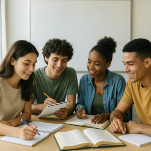 Estudantes brasileiros de diferentes idades e etnias revisando anotações em grupo, com quadro ao fundo escrito “Checklist ENEM 2025