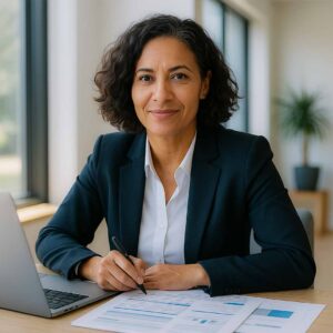 Empreendedora brasileira com aspecto executivo sentada em ambiente moderno e iluminado por luz natural, diante de notebook e documentos em mesa de madeira clara, transmitindo confiança e motivação para abrir MEI em 2026.