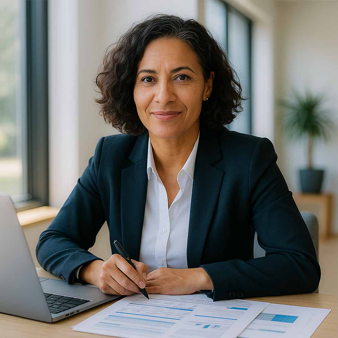 Empreendedora brasileira com aspecto executivo sentada em ambiente moderno e iluminado por luz natural, diante de notebook e documentos em mesa de madeira clara, transmitindo confiança e motivação para abrir MEI em 2026.