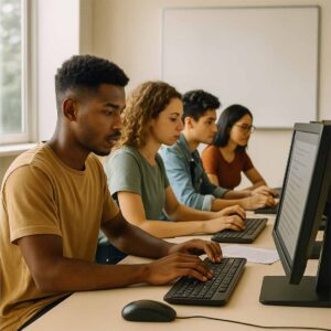 Estudantes brasileiros de diferentes idades e etnias realizam o Enem Digital 2026 em sala iluminada por luz natural, sentados em frente a computadores, com quadro ao fundo escrito Enem Digital 2026