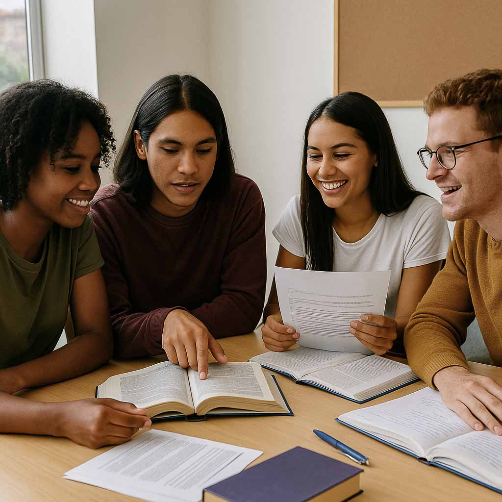 Imagem realista de estudantes brasileiros de diferentes idades e etnias sentados em sala iluminada por luz natural, discutindo livros e provas do ENEM, transmitindo diversidade, inclusão e futuro da universidade pública.