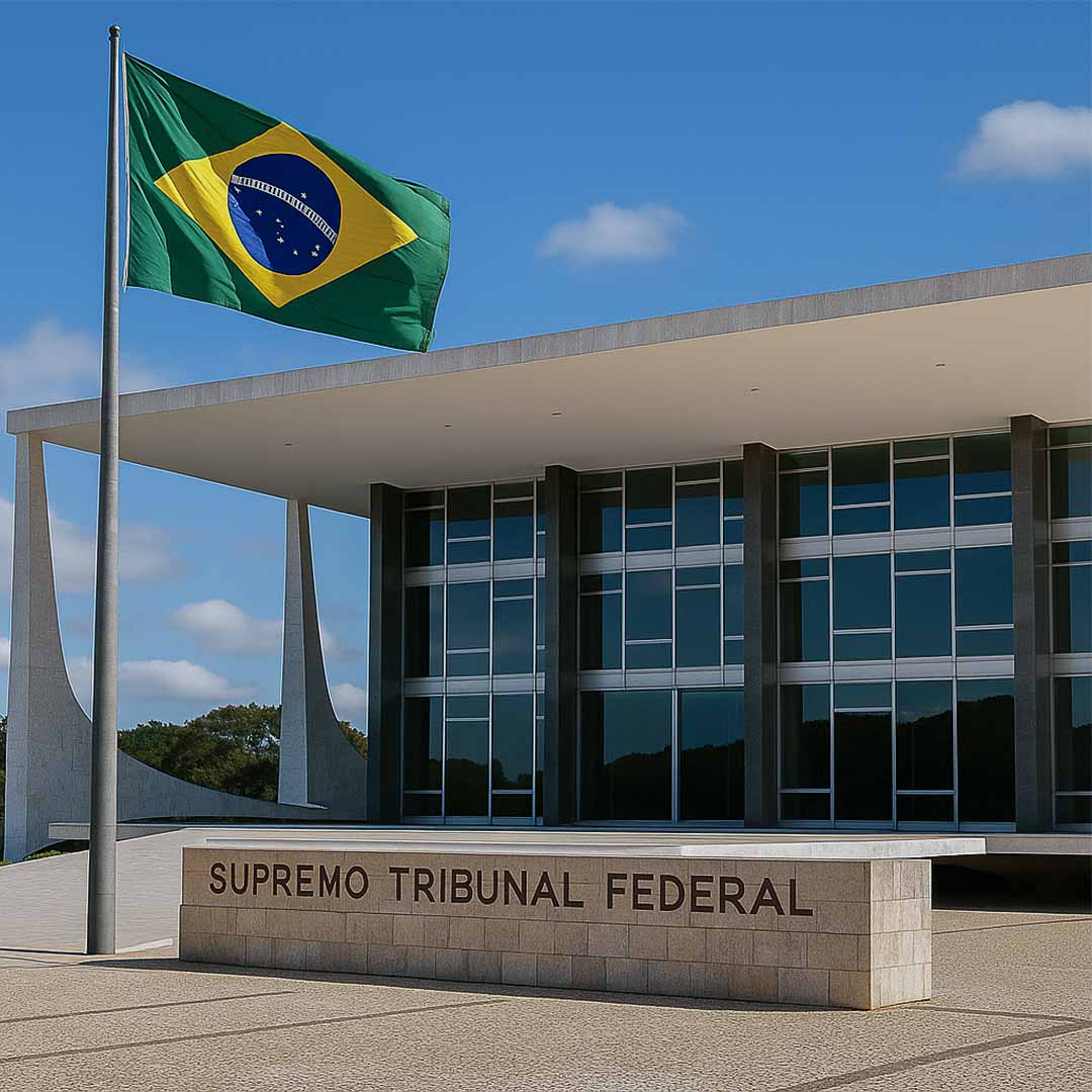 Fachada do Supremo Tribunal Federal em Brasília iluminada por luz natural, com bandeira do Brasil em destaque, simbolizando sobriedade institucional e o caráter histórico do julgamento em andamento.