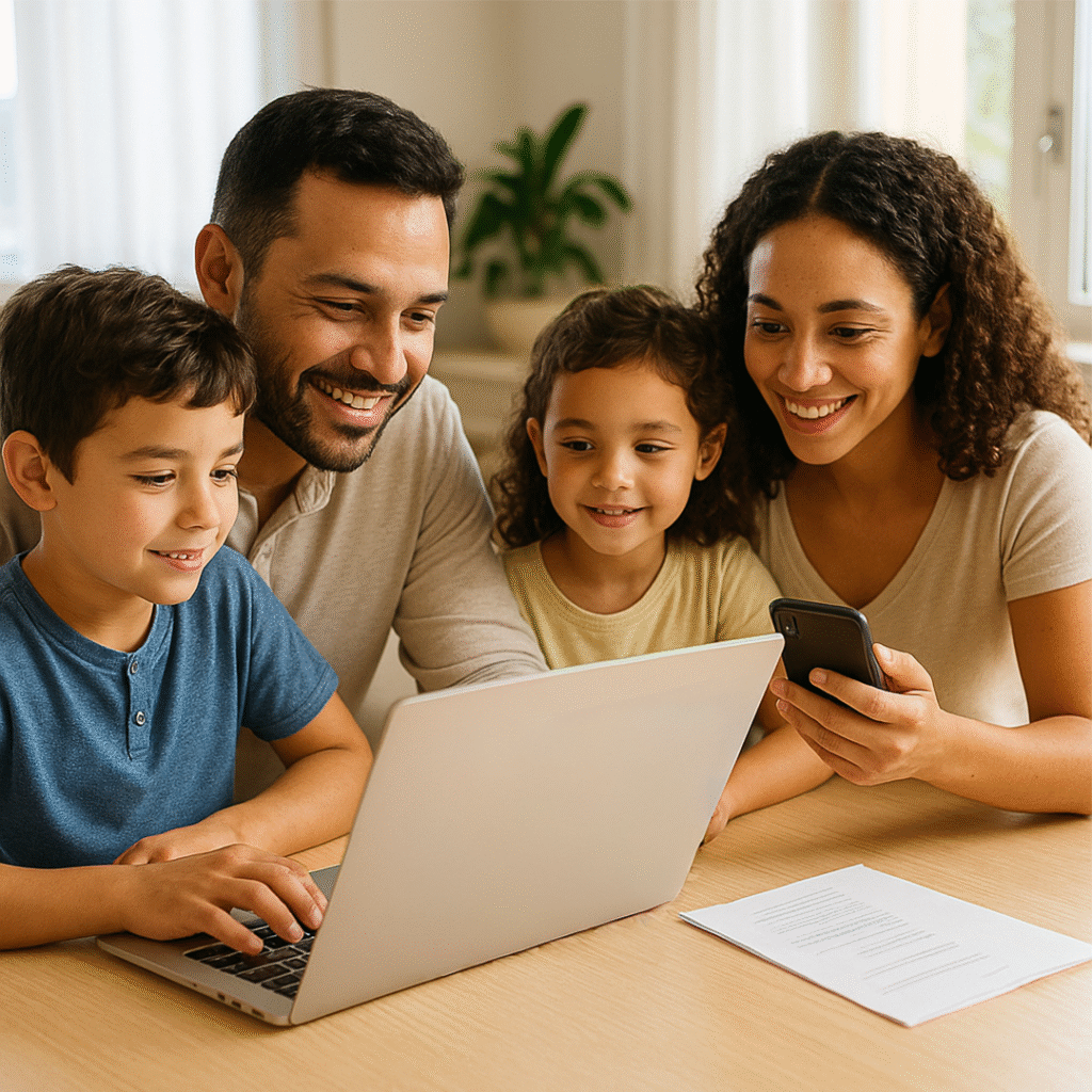 Família brasileira de diferentes etnias reunida em casa, acessando a Secretaria Escolar Digital em notebook e smartphone, com os filhos acompanhando e transmitindo leveza e praticidade na resolução de pendências escolares.