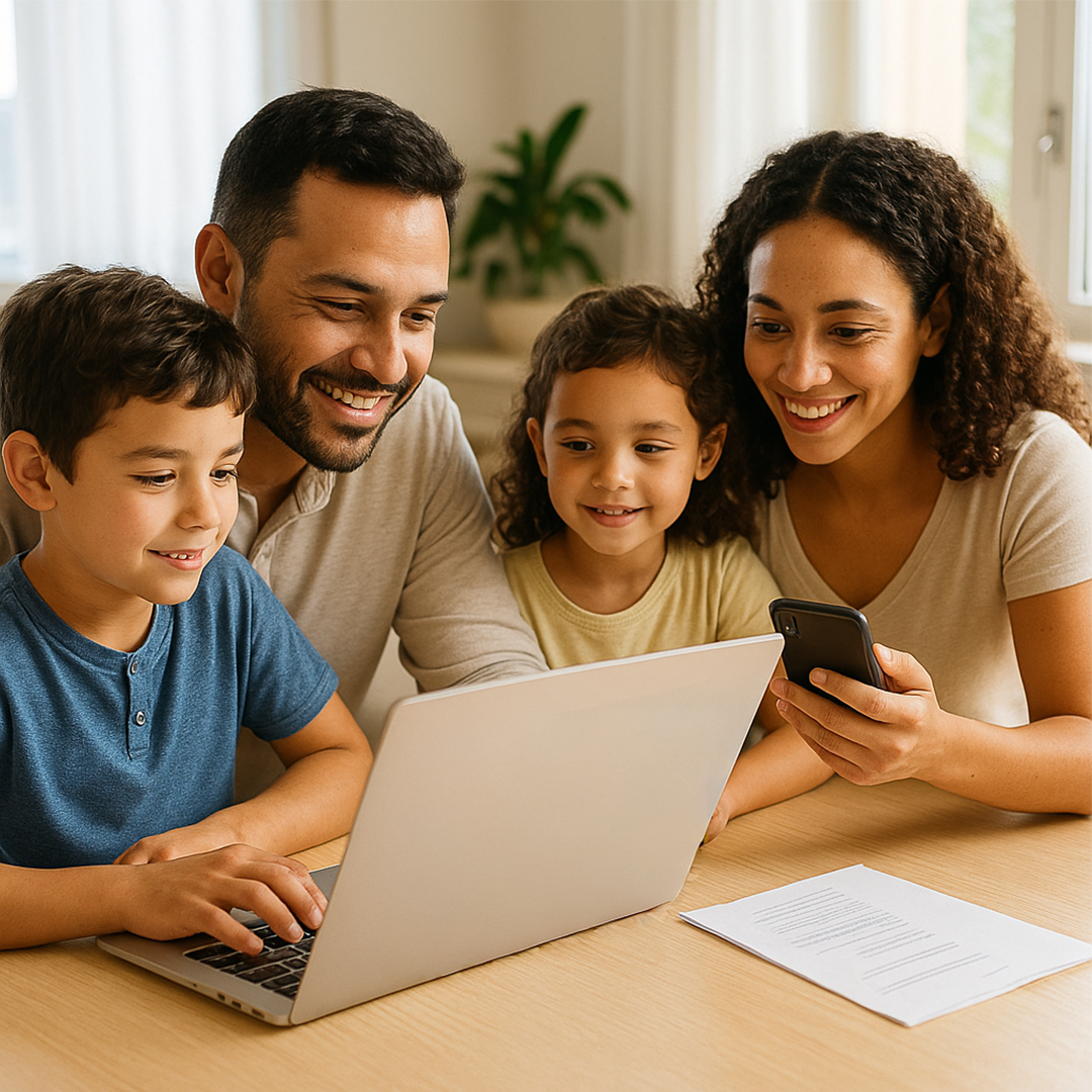 Família brasileira de diferentes etnias reunida em casa, acessando a Secretaria Escolar Digital em notebook e smartphone, com os filhos acompanhando e transmitindo leveza e praticidade na resolução de pendências escolares.
