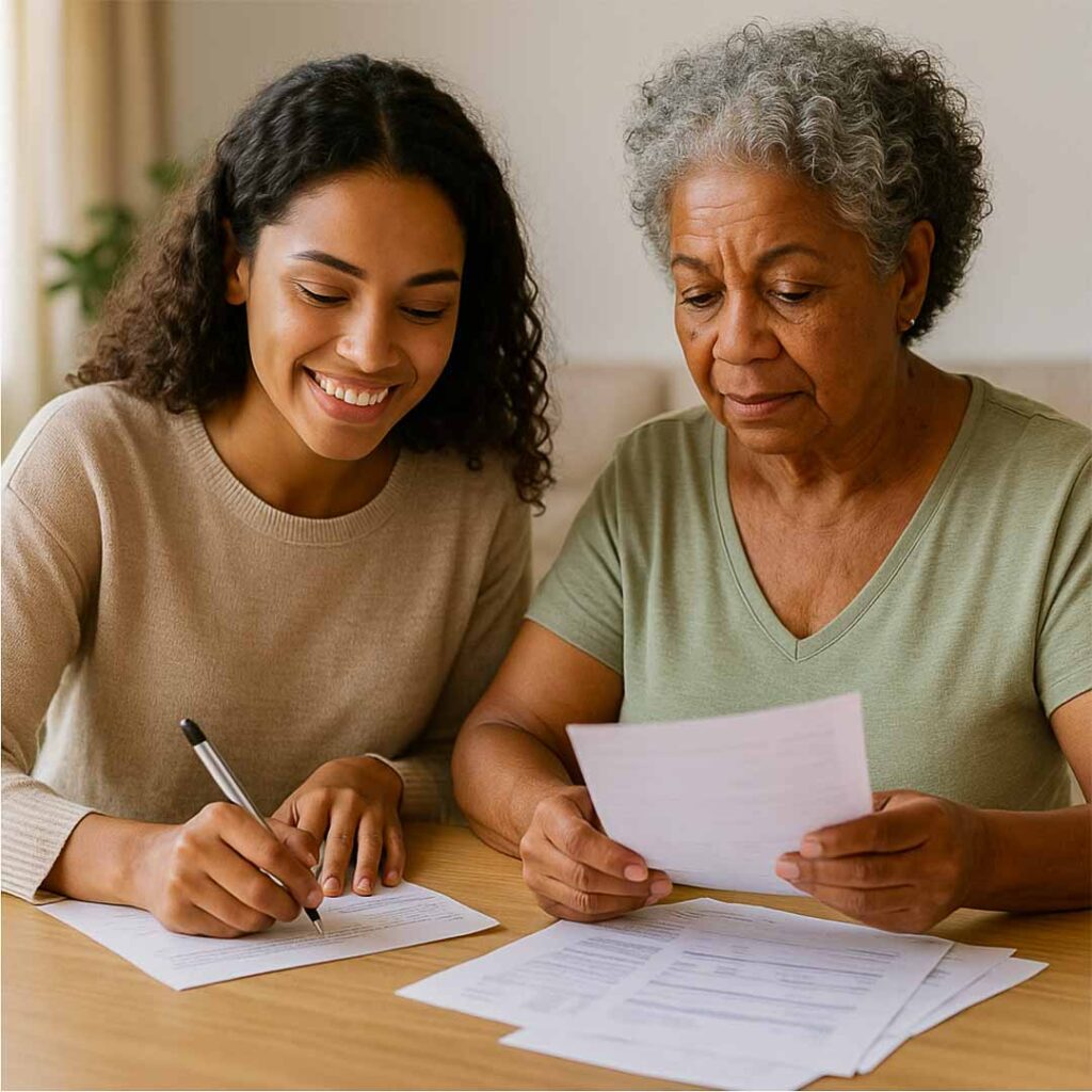 Duas brasileiras, mãe e filha, de diferentes idades e etnias, sentadas lado a lado em mesa de madeira clara, revisam contas sob luz natural brilhante, transmitindo proximidade, organização e esperança de aumentar o Serasa Score.