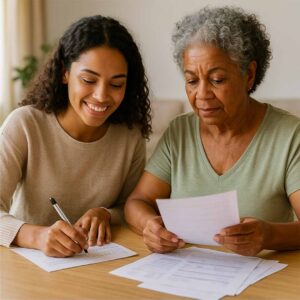 Duas brasileiras, mãe e filha, de diferentes idades e etnias, sentadas lado a lado em mesa de madeira clara, revisam contas sob luz natural brilhante, transmitindo proximidade, organização e esperança de aumentar o Serasa Score.