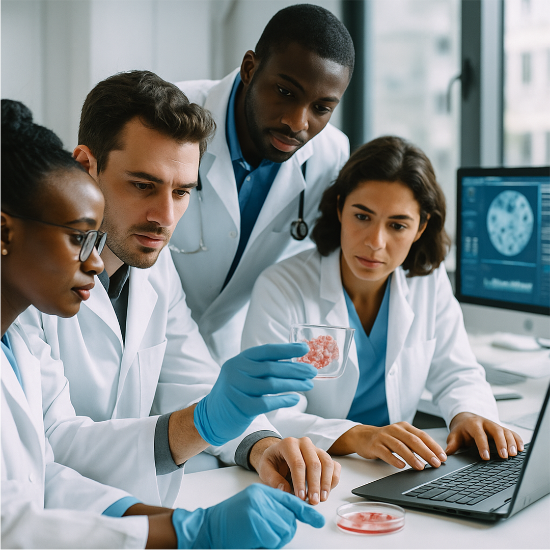 Pesquisadores de diferentes etnias analisam amostras e gráficos digitais em laboratório moderno iluminado por luz natural, transmitindo inovação, diversidade e esperança nos avanços da vacina contra câncer em 2026.