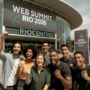 Jovens e adultos de diferentes etnias em frente ao Riocentro com banners do Web Summit Rio 2026, iluminados por luz natural, transmitindo inovação, diversidade e conexão global em um ambiente tecnológico e futurista.