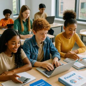 Estudantes brasileiros de diferentes idades e etnias participam de uma aula moderna de educação financeira em 2026, usando notebooks, tablets, livros e cadernos em uma sala iluminada por luz natural, transmitindo diversidade, aprendizado e entusiasmo.