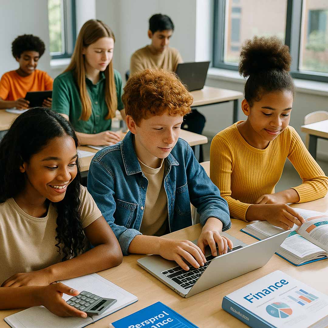 educação financeira, educação financeira nas escolas, planejamento financeiro, educação financeira para jovens e estudantes Estudantes brasileiros de diferentes idades e etnias participam de uma aula moderna de educação financeira em 2026, usando notebooks, tablets, livros e cadernos em uma sala iluminada por luz natural, transmitindo diversidade, aprendizado e entusiasmo.