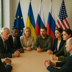 Representantes de diferentes países — OTAN, União Europeia, Estados Unidos, Rússia e Ucrânia — reúnem-se em torno de uma mesa de conferência, em ambiente iluminado por luz natural. As bandeiras das nações aparecem ao fundo, e os diplomatas mantêm expressões sérias e concentradas, transmitindo uma atmosfera de diálogo e busca pela paz internacional.