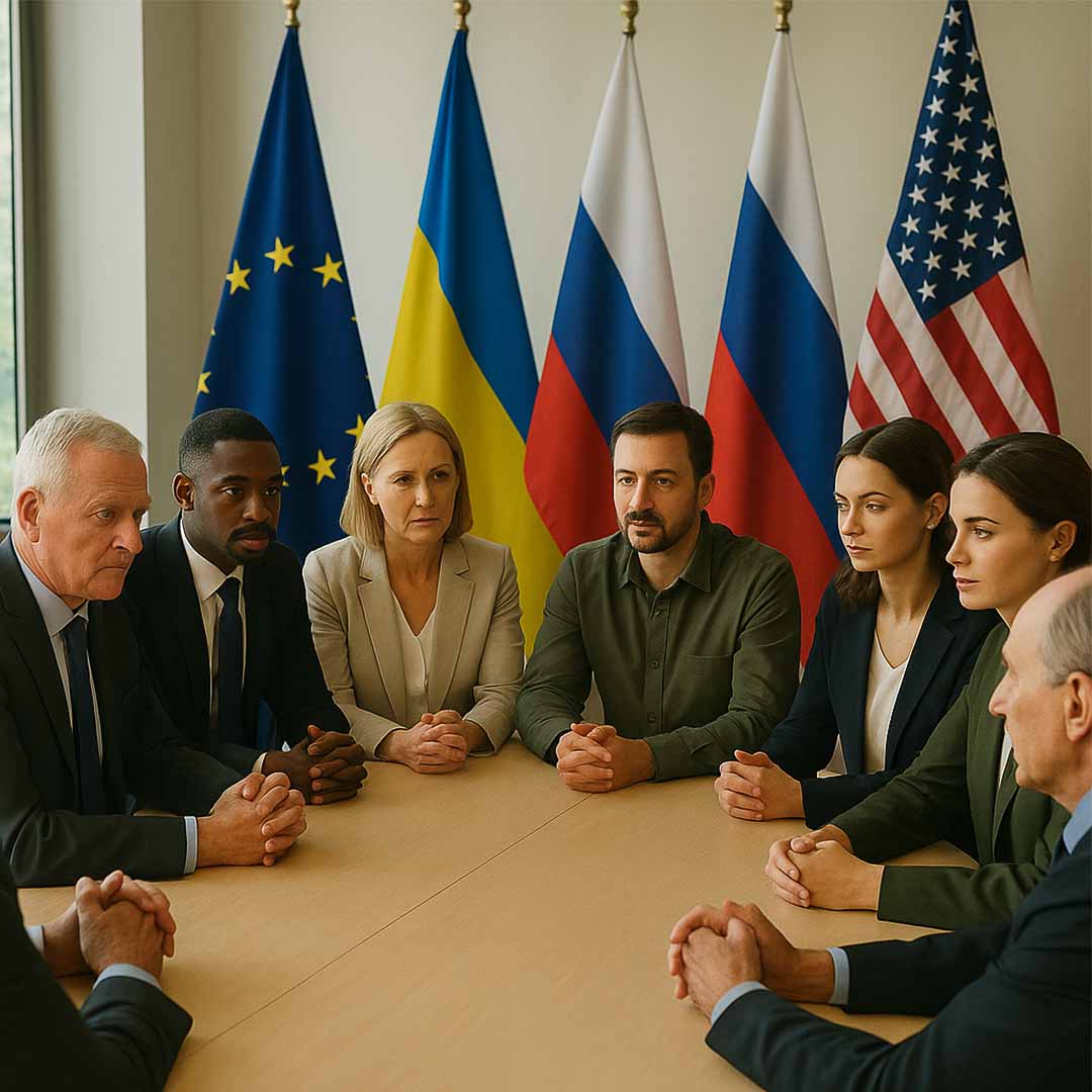 Representantes de diferentes países — OTAN, União Europeia, Estados Unidos, Rússia e Ucrânia — reúnem-se em torno de uma mesa de conferência, em ambiente iluminado por luz natural. As bandeiras das nações aparecem ao fundo, e os diplomatas mantêm expressões sérias e concentradas, transmitindo uma atmosfera de diálogo e busca pela paz internacional.
