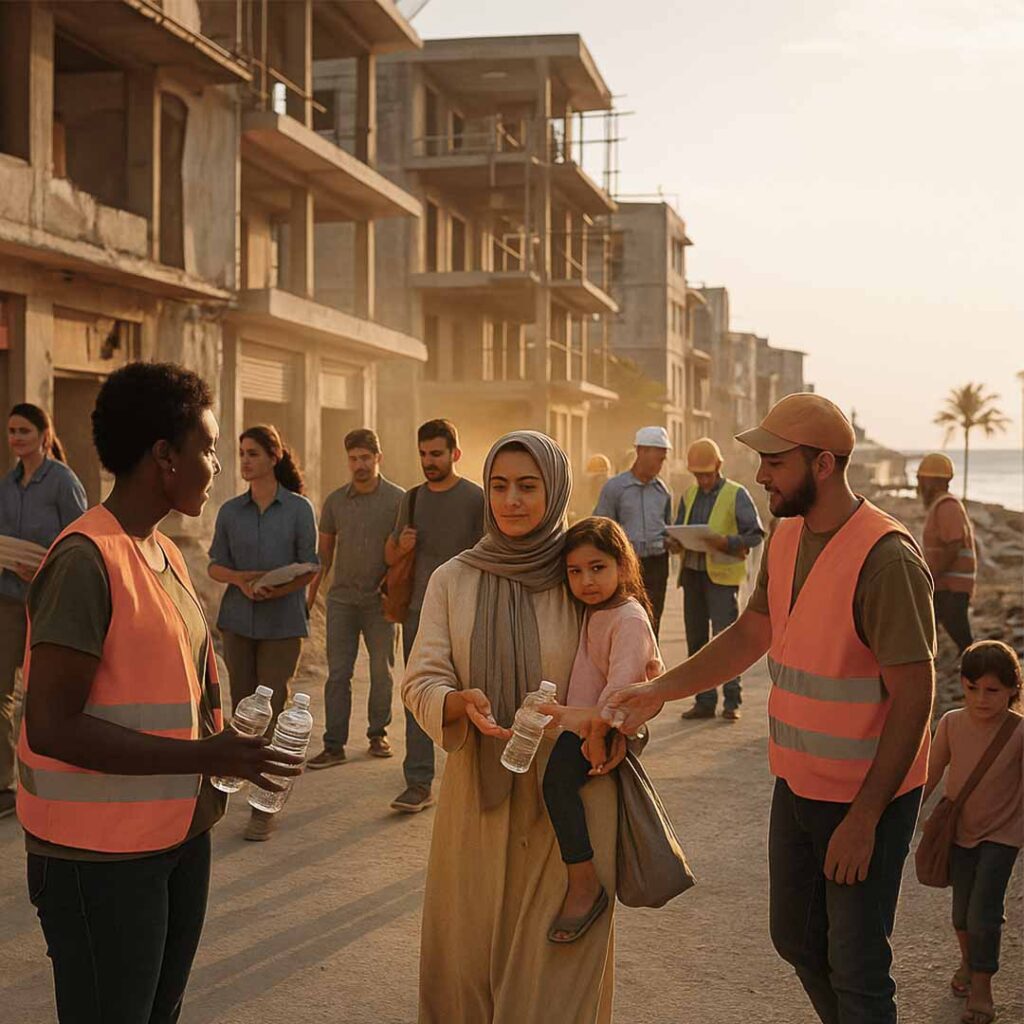 Civis, engenheiros e voluntários de diferentes idades e etnias trabalham juntos em um projeto de revitalização urbana costeira sob luz dourada de fim de tarde. Eles avaliam estruturas, transportam materiais e interagem de forma colaborativa em meio a edifícios parcialmente reformados, transmitindo esperança e união.