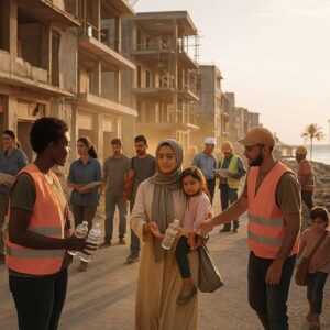 Civis, engenheiros e voluntários de diferentes idades e etnias trabalham juntos em um projeto de revitalização urbana costeira sob luz dourada de fim de tarde. Eles avaliam estruturas, transportam materiais e interagem de forma colaborativa em meio a edifícios parcialmente reformados, transmitindo esperança e união.