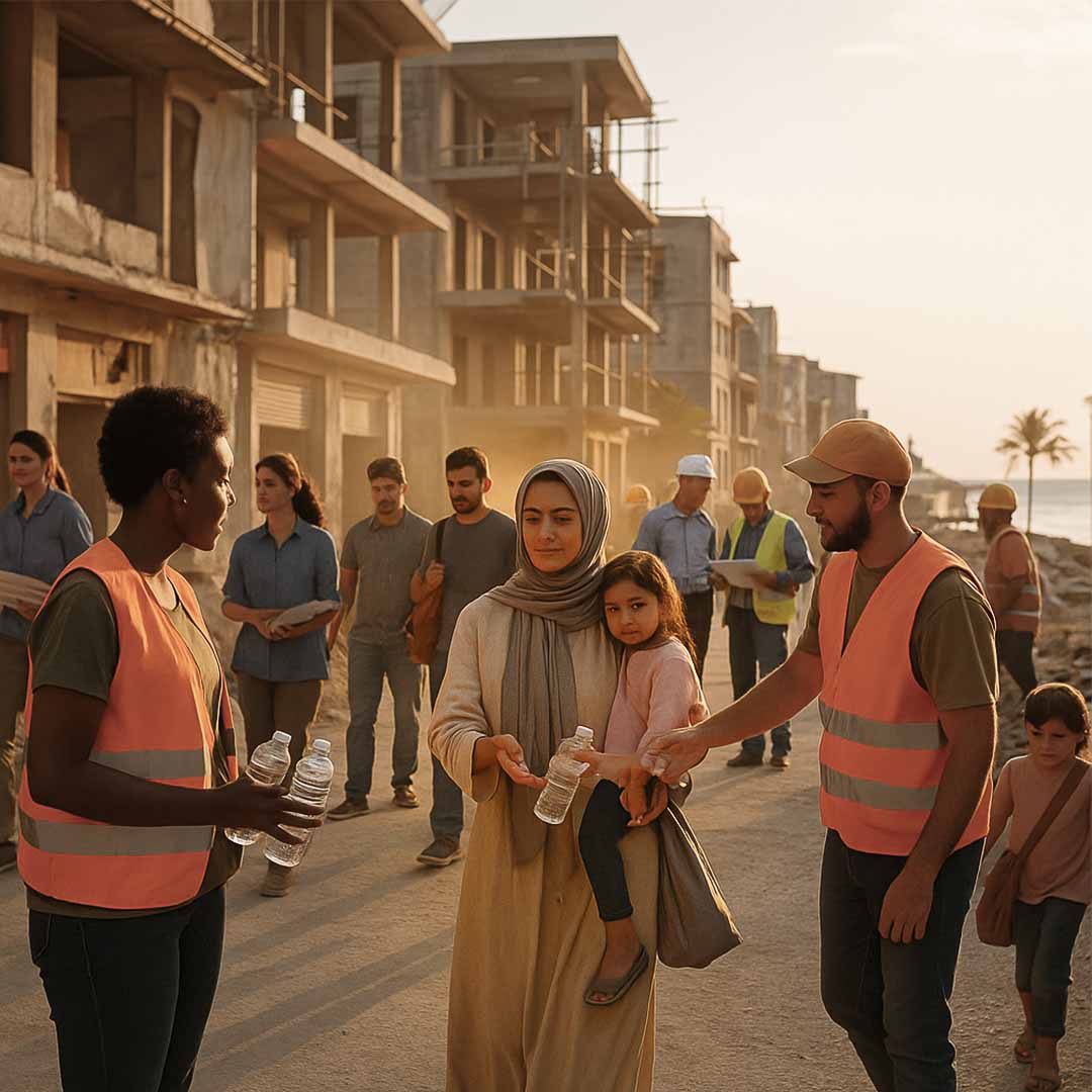 Civis, engenheiros e voluntários de diferentes idades e etnias trabalham juntos em um projeto de revitalização urbana costeira sob luz dourada de fim de tarde. Eles avaliam estruturas, transportam materiais e interagem de forma colaborativa em meio a edifícios parcialmente reformados, transmitindo esperança e união.