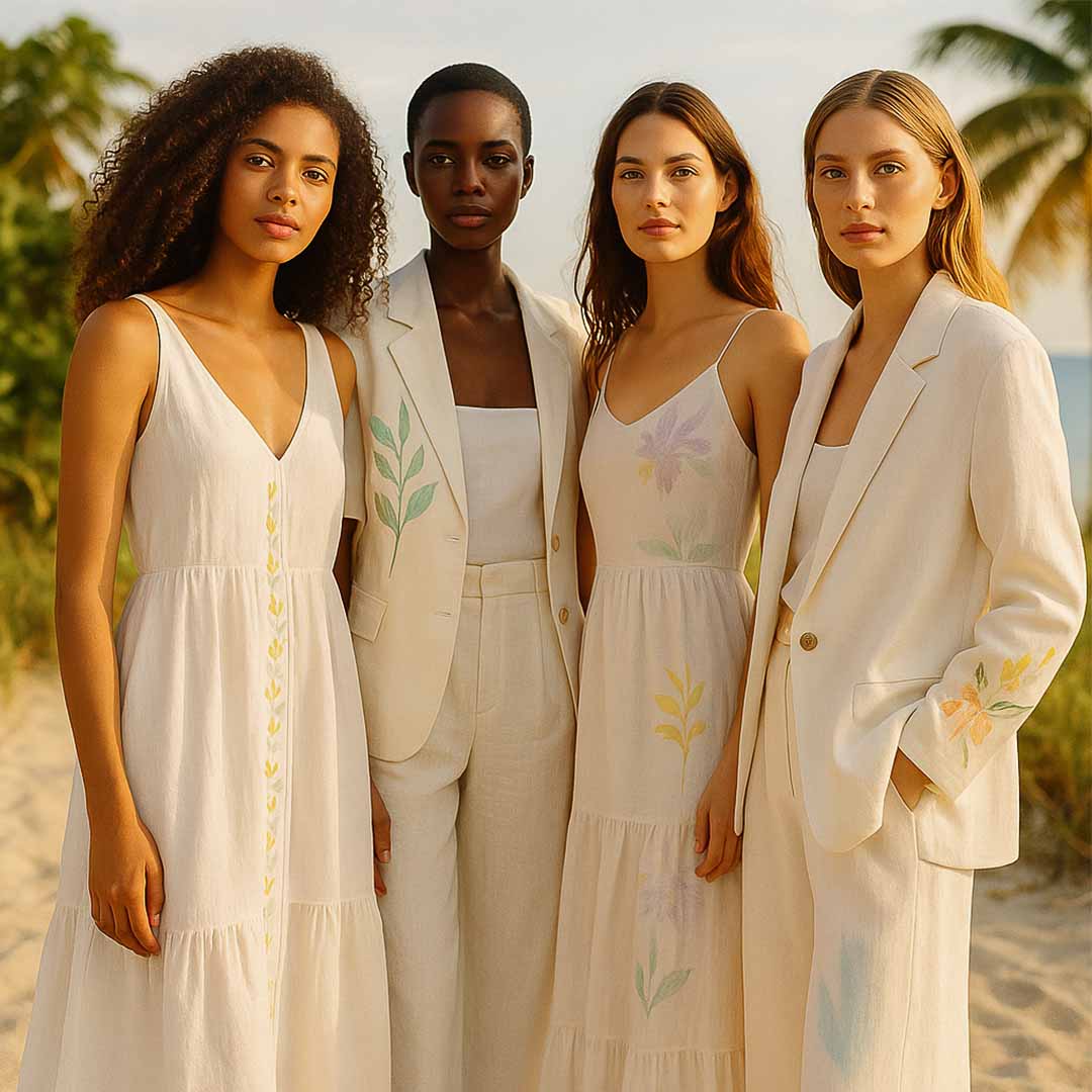 look para ano novo, roupas para ano novo, look ano novo, look de ano novo, roupa ano novo. Quatro mulheres de diferentes etnias posam em uma praia tropical ao pôr do sol, vestindo roupas brancas com bordados delicados em tons pastel de lilás, verde-menta, amarelo e azul-claro. As peças combinam vestidos longos e blazers de linho com estética leve, natural e sofisticada, representando a tendência “Branco com Toque de Cor” para o Réveillon 2026.