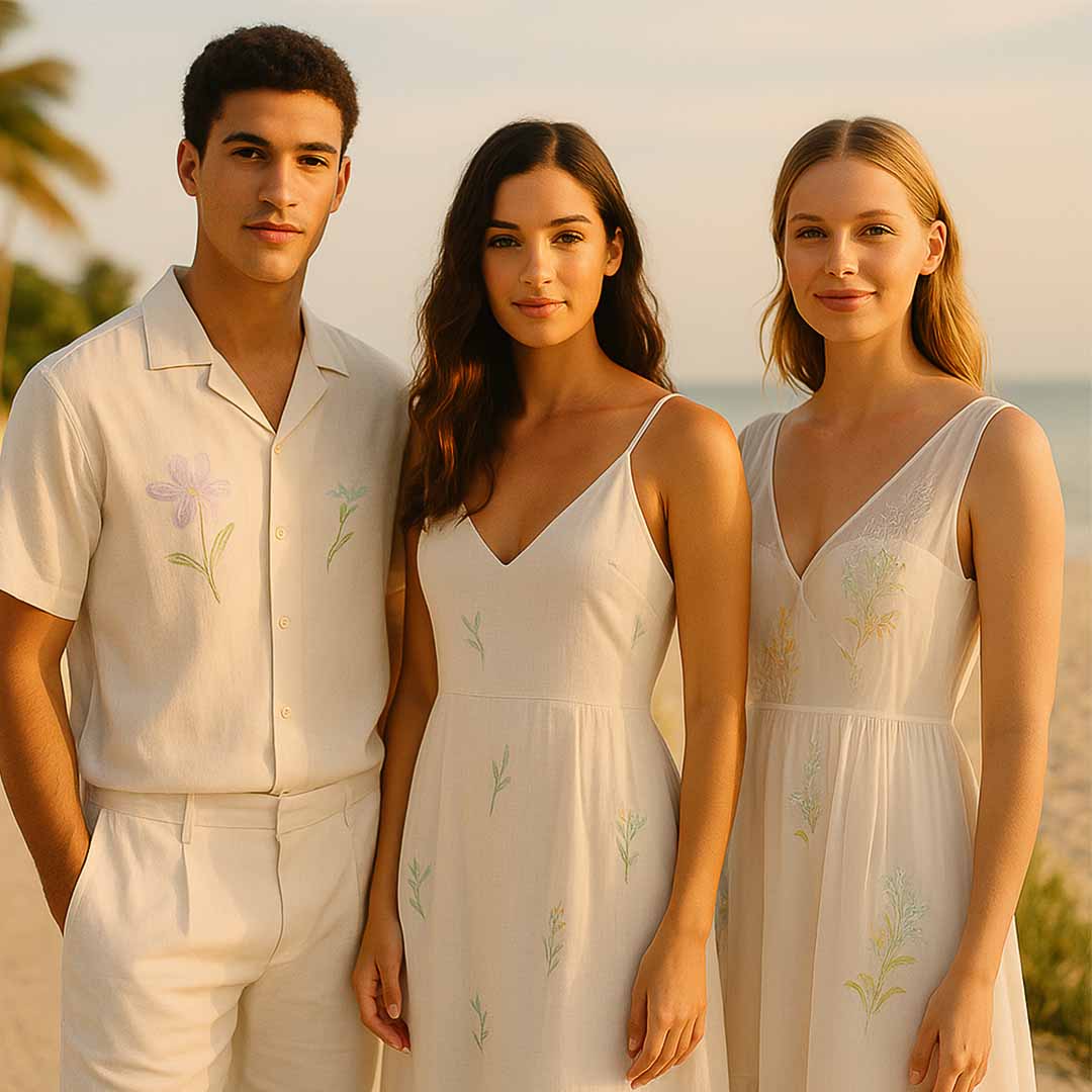 look para ano novo, roupas para ano novo, look ano novo, look de ano novo, roupa ano novo. Três jovens adultos de diferentes etnias posam sorridentes em uma praia ao pôr do sol, vestindo roupas brancas com bordados sutis em tons pastel. O homem usa camisa de linho com flores delicadas e calça clara, enquanto as mulheres vestem vestidos leves e fluídos com detalhes em lilás, verde-menta e dourado pálido, representando a tendência “Branco com Toque de Cor” para o Réveillon 2026.