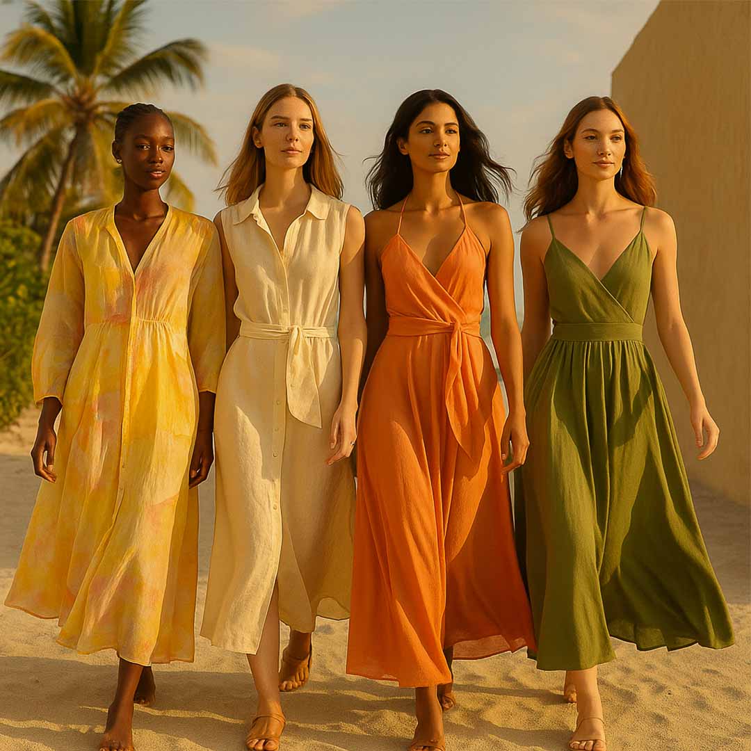 look para ano novo, roupas para ano novo, look ano novo, look de ano novo, roupa ano novo. Quatro mulheres caminham lado a lado em uma praia tropical ao pôr do sol, vestindo vestidos longos e leves em tons de amarelo, off-white, laranja e verde. As peças apresentam cortes fluidos e elegantes, com tecidos naturais que se movem suavemente com o vento. A cena transmite harmonia, frescor e sofisticação, refletindo o espírito brasileiro e a estética tropical do Réveillon 2026.