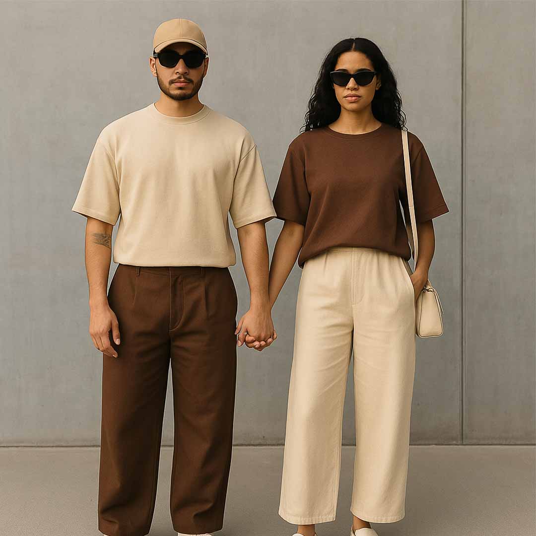 look para ano novo, roupas para ano novo, look ano novo, look de ano novo, roupa ano novo. Casal posa de mãos dadas em frente a uma parede cinza, vestindo roupas minimalistas em tons terrosos. O homem usa boné bege, óculos escuros, camiseta creme e calça marrom, enquanto a mulher usa óculos escuros, blusa marrom e calça bege, com bolsa clara transversal. A imagem reflete harmonia visual, estilo contemporâneo e estética neutra e sofisticada.