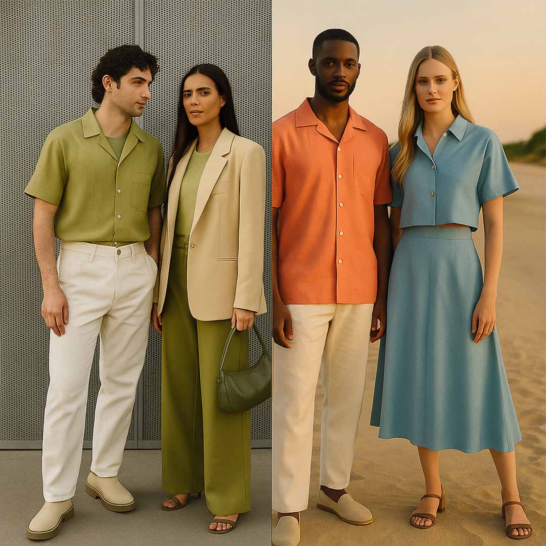 look para ano novo, roupas para ano novo, look ano novo, look de ano novo, roupa ano novo. Duas duplas de modelos posam em ambientes distintos, exibindo looks elegantes e coloridos em tons pastel. À esquerda, um homem veste camisa verde e calça branca ao lado de uma mulher com blazer bege e conjunto verde-oliva. À direita, um homem usa camisa coral e calça clara, enquanto a mulher veste conjunto azul-claro com blusa curta e saia midi. A imagem reflete harmonia cromática, sofisticação e diversidade na moda tropical contemporânea.