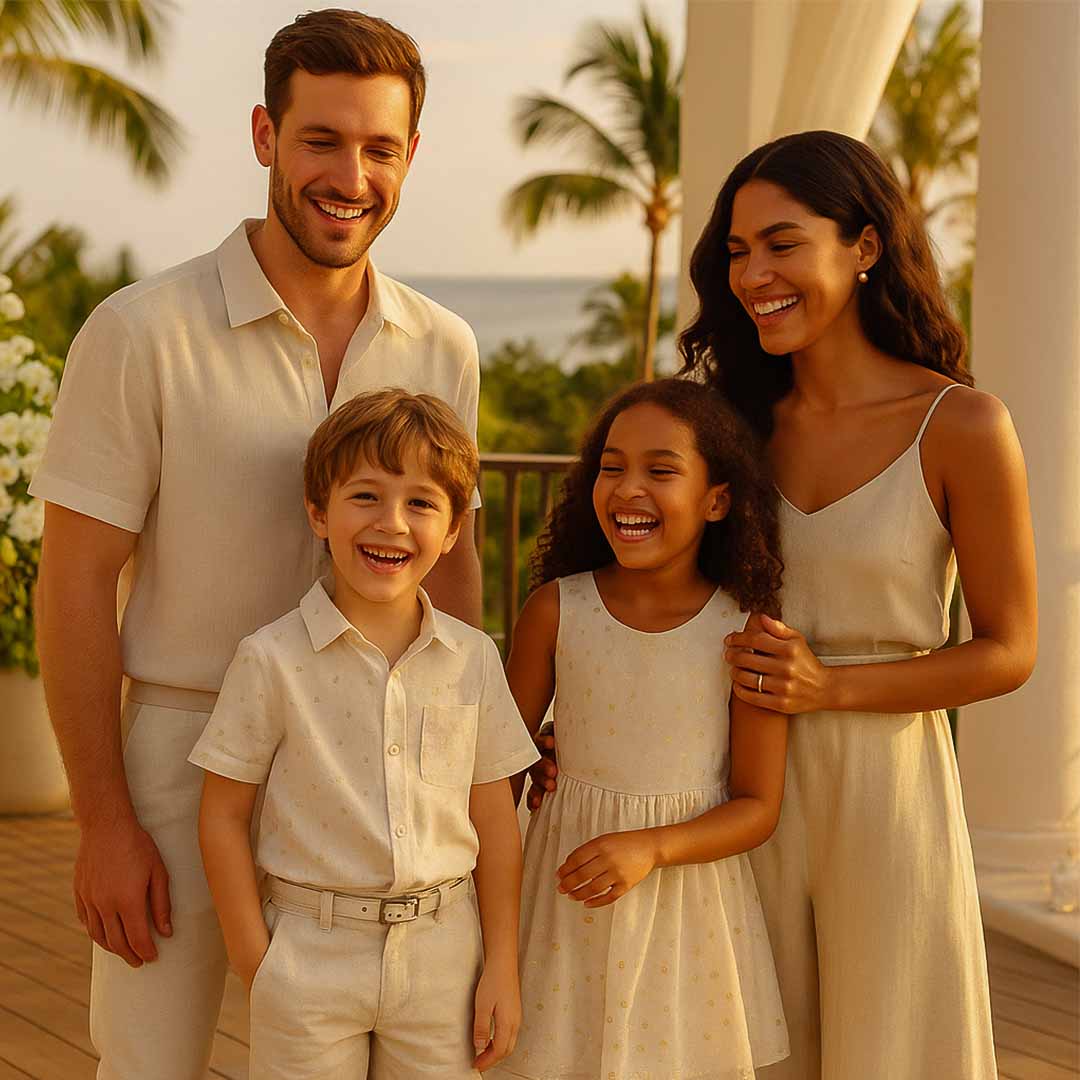 look para ano novo, roupas para ano novo, look ano novo, look de ano novo, roupa ano novo. Família composta por um homem, uma mulher e duas crianças sorri em um deque à beira-mar ao pôr do sol, vestindo roupas brancas e de linho. O homem e o menino usam camisas claras e calças bege, enquanto a mulher e a menina vestem vestidos leves em tons off-white. A cena transmite alegria, união e serenidade, refletindo o espírito festivo e elegante do Réveillon 2026.