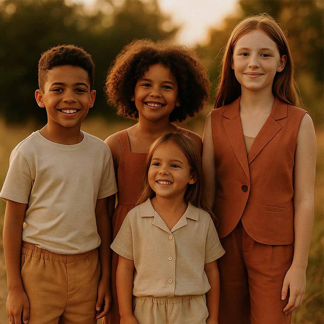 moda infantil 2026 tons terrosos Quatro crianças brasileiras de diferentes idades e etnias posam sorrindo em um campo iluminado pela luz dourada do fim de tarde. Elas vestem roupas coordenadas em tons terrosos como bege e caramelo, com tecidos leves e cortes modernos, representando as tendências da moda infantil 2026 com foco em conforto, naturalidade e harmonia visual.