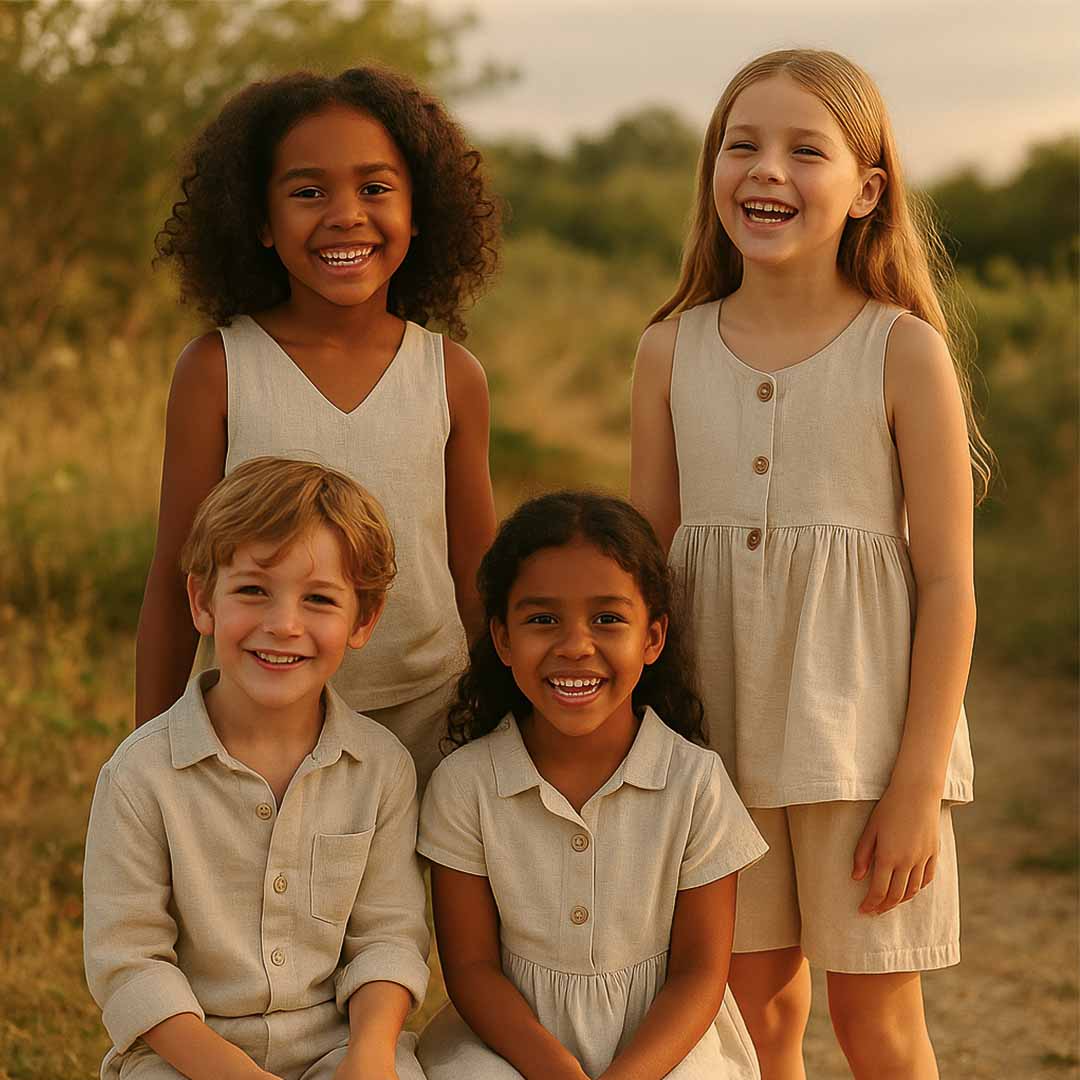 moda infantil 2026 cortes e cores leves Quatro crianças brasileiras de diferentes idades e etnias sorriem em um campo iluminado pela luz natural dourada do fim de tarde. Elas vestem roupas coordenadas em tons neutros de linho bege, com cortes leves e botões frontais, representando as tendências da moda infantil 2026 baseadas em conforto, naturalidade e elegância simples.