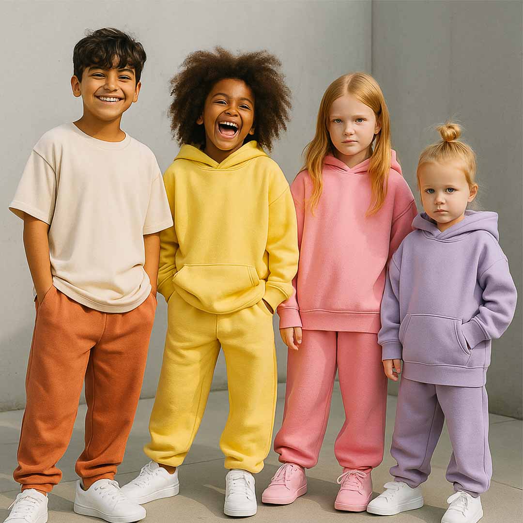 moda infantil 2026 oversize Quatro crianças brasileiras de diferentes idades e etnias posam em um ambiente urbano minimalista, vestindo conjuntos esportivos oversized em cores vibrantes — bege, amarelo, rosa e lilás. As roupas de moletom têm cortes amplos e tecidos macios, transmitindo conforto, alegria e estilo contemporâneo, representando as tendências da moda infantil 2026.