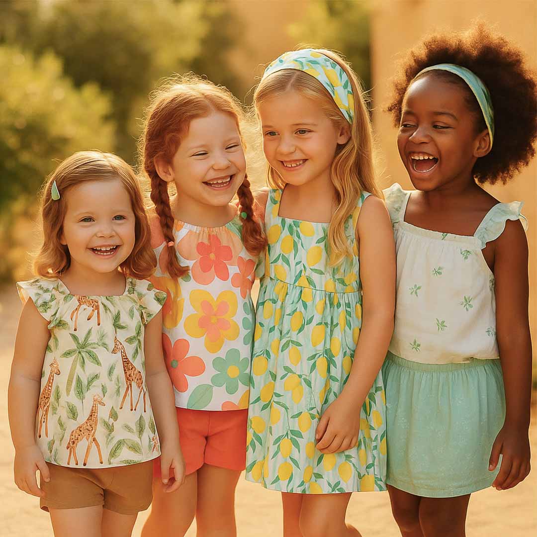 moda infantil 2026 padrões e estampas suaves, florais, tropicais Quatro meninas brasileiras de diferentes etnias e idades sorriem juntas em um ambiente externo iluminado por luz dourada de fim de tarde. Elas vestem roupas leves com estampas coordenadas suaves, incluindo padrões florais, frutais e de animais tropicais, em cores alegres como verde, amarelo, coral e azul-claro, representando as tendências da moda infantil 2026 com foco em leveza, harmonia e naturalidade.